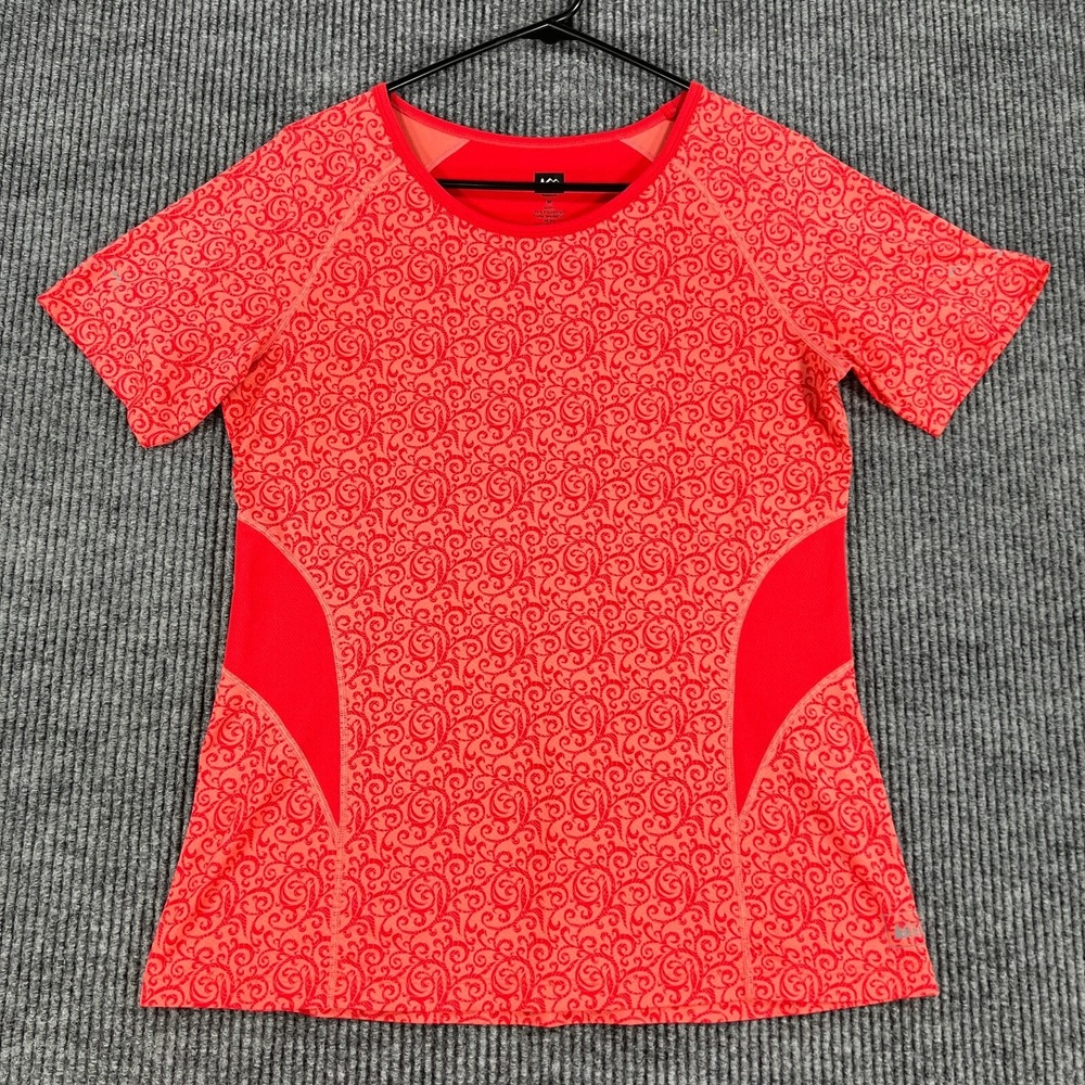 REI Shirt Womens Medium Orange Geometric Short Sleeve Outdoor Hiking Casual